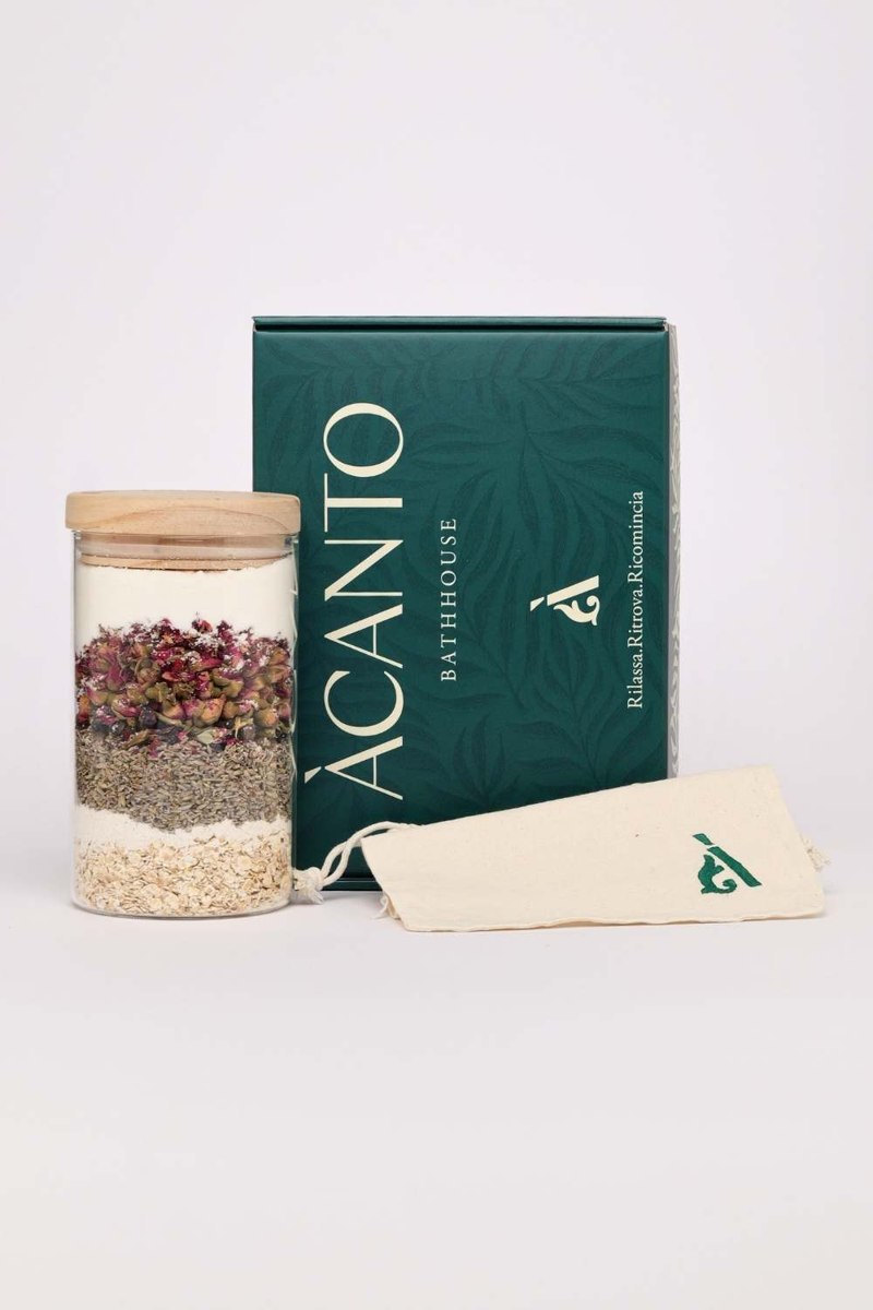 Iride: barattolo con avena, cocco e fiori, scatola verde e filtro in cotone